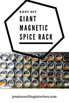 the magnetic spice rack is filled with different types of spices and has text overlay that reads easy diy giant magnetic spice rack