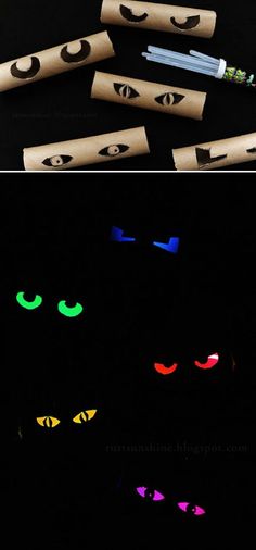 four different colored eyes are shown in the dark and on the ground, one is made out of wood