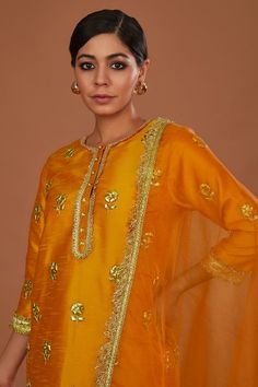 Peachy orange dupion kurta with gota embroidery. Comes with straight pant and an organza dupatta. - Aza Fashions Gota Embroidery, Peachy Orange, Organza Dupatta, Fashion App, Straight Pants, Set For Women, Aza Fashion, Three Quarter, Embroidery