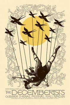 the decemberists concert poster with birds flying in front of an orange and yellow sun