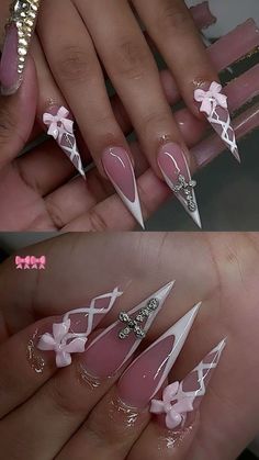 Nail Ideas Pointy Almond, Stilleto Birthday Nails Designs, Bday Nail Designs, Stiletto Nails With Bows, Coffin Tip Nails Design, Nail Designs Blush, Stellos Nails Design, Stellio Nails Designs