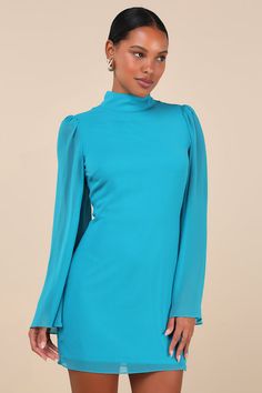 We promise that everyone will be obsessed with the flawlessness of the Lulus Guaranteed Chicness Teal Blue Mock Neck Mini Dress! Lightweight woven chiffon shapes this cute and elegant dress that features semi-sheer, bell-style long sleeves with gathering at the shoulders and a classy mock neck (that secures with bottom-loop closures at the back). The figure-skimming, fit-and-flare silhouette falls to a breezy mini hem. Keyhole cutout and hidden zipper/clasp at back. Fit: This garment fits true t Teal Blue Dress, Dress Bell Sleeve, Bell Sleeve Mini Dress, Mock Neck Mini Dress, Bright Dress, Cutout Dress, Dress 100, Large Size Dresses, Elegant Dress