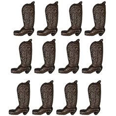 twelve pairs of chocolate boots with black laces on them, set of 12 pieces