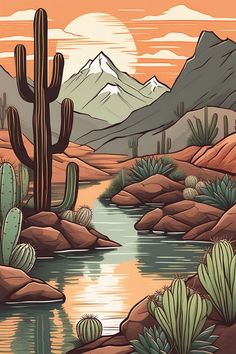 an image of a desert scene with cactus and mountains