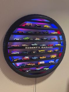 there is a clock with cars on it