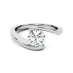 a white gold ring with a round cut diamond in the center and a twisted band around it