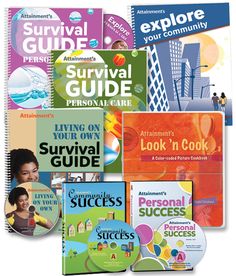 several books and cds are stacked on top of each other, including an adult's survival guide