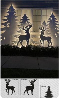 the silhouettes of deer and trees are projected in front of a house