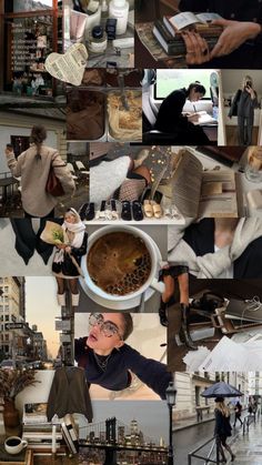 a collage of photos with people, books and coffee in the middle one is holding an umbrella