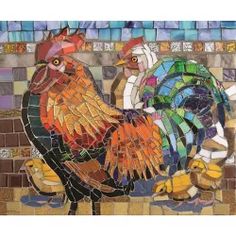 a colorful mosaic chicken sitting on top of a brick wall