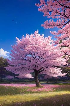 a large pink tree in the middle of a field with flowers on it's branches