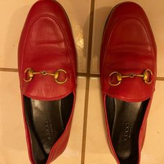 Red Gucci Brixton Loafers Size 35.5 (I'm A True Us6) Worn Less Than 5 Times Please See Photos For Details (Tiny Scuff) Classic Red Flat Loafers, Luxury Red Loafers For Work, Red Luxury Loafers For Work, Red Flat Loafers For Galas, Red Slip-on Flats For Formal Occasions, Classic Red Flats With Round Toe, Classic Red Closed Toe Flats, Red Loafers With Flat Heel For Business, Red Flat Heel Loafers For Business