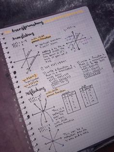 a notebook with some writing on it that is filled with notes and diagrams for different functions