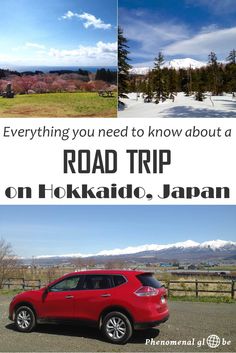 a red car parked on the side of a road next to a snow covered field