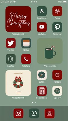 an iphone screen with christmas icons on the bottom, and below it is a green background