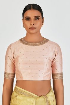 Salmon pink raw silk blouse with marodi embroidery. - Aza Fashions Anarkali Top With Resham Embroidery For Reception, Bollywood Style Cotton Silk Blouse For Reception, Bollywood Cotton Silk Blouse For Reception, Embroidered Tops With Traditional Drape For Reception, Embroidered Top With Traditional Drape For Reception, Transitional Reception Tops With Resham Embroidery, Raw Silk Tops With Traditional Drape, Cotton Silk Blouse With Zari Work For Reception, Semi-stitched Tops With Resham Embroidery For Reception