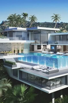 an artist's rendering of a house with a swimming pool in the foreground