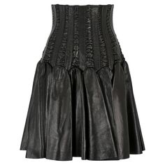 This documented 2008 Autumn/Winter collection skirt is by the renowned French couturier Azzedine Alaia shortly after he bought back his company from Prada in 2007. Made of black lambs leather, the skirt features a high waisted, corset style section, complete with boning effect and lace up back. The complex design features panels of vertical, tightly seamed sections alternating with sections of horizontal mini pleats. The lower skirt has unusual panier style shaping from around the hip down, crea Corset Skirt High Waisted, Luxury Leather Flared Skirt, Complex Design, Corset Skirt, Autumn Winter Collection, Azzedine Alaia, Europe Fashion, Leather Corset, Fall Skirts