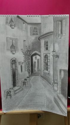 a drawing of a street in the middle of town