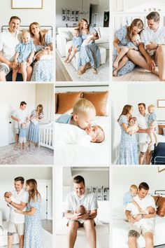 a collage of family photos with their baby and toddler on the bed in front of them