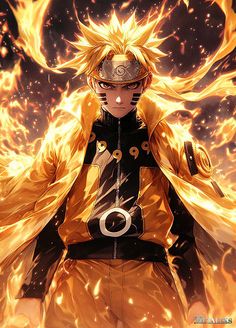 an anime character in yellow and black outfit with fire around his shoulders, holding two swords