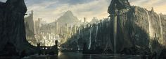 an image of a sci - fi fantasy scene with mountains and people in the distance