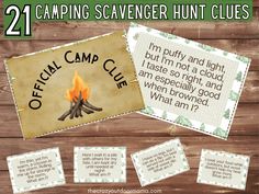 the camping scavenger hunt clues are on display in front of a wooden background