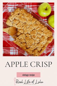 an apple crisp recipe on a red and white checkered table cloth with apples in the background