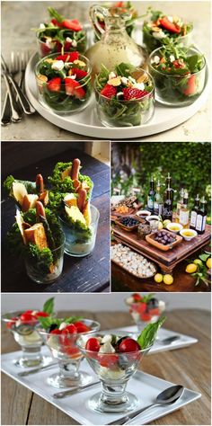 several different pictures of food and drinks in glass bowls on trays with spoons