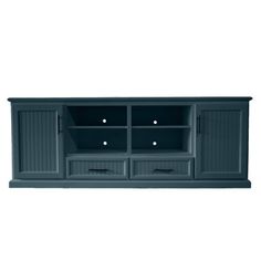 an entertainment center with two drawers and one door on the side, in dark blue