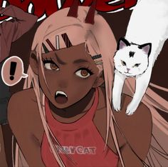 a girl with pink hair and white cat on her head