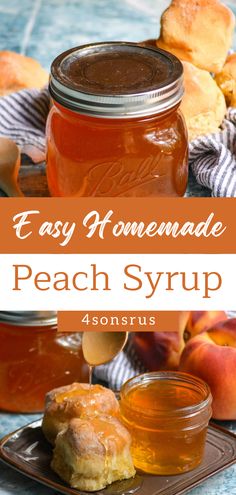 easy homemade peach syrup with fresh peaches in the background