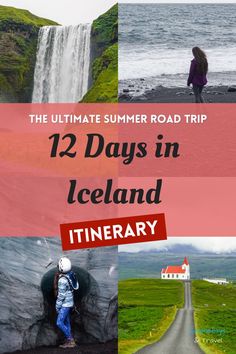 Clockwise from top left: A waterfall in Iceland; A girl wearing a purple jacket walking towards the sea on a black sand beach; A road leading to a church in; A girl wearing a blue coat standing inside an ice cave/ Iceland Travel Itinerary, Iceland Honeymoon, Iceland Vacation, Travel Photography Europe, Iceland Trip, Ice Caves, Iceland Travel Tips, Trip To Iceland