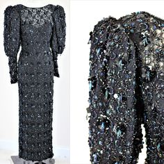 "Most Amazing gown...Almost Victorian Style...so unique...and so beautiful! This gown..is so full of hanging beads...and has the most unique sleeves..and would be amazing for a wedding dress..(if you like black) it is simply amazing...Excellent by Black Tie Cassini Measuring: 57\" length Bust: 38\" Waist: 28\" Hip: 40\" Sleeves: 26\" (take a Look at those sleeves..it makes this dress Pet Free/smoke free Enjoy!" Fancy Gowns, Hanging Beads, Party Wear Lehenga, A Wedding Dress, Beaded Gown, Black Gown, Indian Wedding Dress, Sequin Beading, Designer Gowns