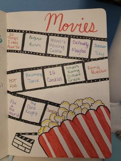 an open book with movie themed writing on the front and back cover, along with a film strip