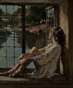 a painting of a woman sitting on a window sill looking out at the water