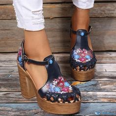 Orcajump - Vintage Chunky Heeled Sandals with Fashionable Rounded Toe and Floral Embellishments Shoe Sole, Heeled Sandals, Sandals Heels, Embellishments, Sandals, Floral