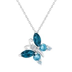 This sterling silver pendant necklace boasts a charming whimsical design. This pendant boasts a butterfly with wings that are comprised of marquise shaped London blue topaz gemstones on the top, middle round Swiss blue topaz gemstones, and bottom sky blue topaz gemstones in a pale hue. The body of the butterfly glistens with polished details and a sparkling created white sapphire head. This pendant is 12mm in length and 15mm in width and comes suspended from a sterling silver cable chain that ca Blue Earrings Wedding, Brown Gemstone, Jewelry Education, Imperial Topaz, Butterfly Pendant Necklace, Whimsical Design, Swiss Blue Topaz, Sterling Silver Necklace Pendants, Butterfly Pendant