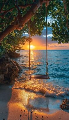 the sun is setting over the ocean on a swing