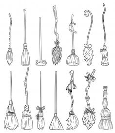 a bunch of brooms that are drawn in black and white