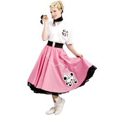 Travel back to the 1950s with this fun era appropriate outfit. the adult grand heritage pink 50s poodle skirt features glasses a scarf a blouse belt poodle skirt petticoat and bobby socks. you'll get the authentic retro look of the 1950's with the poodle skirt a skirt with an embroidered poodle design which was all the rage in the 50's. hand wash, cold water, line dry, no bleach Skirt Hairstyles, 1950s Costumes, 1950s Poodle Skirt, Poodle Skirt Costume, Poodle Skirt Outfit, 50s Outfit, Poodle Dress, Poodle Skirts, Car Hop