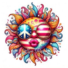 a sun with sunglasses and an american flag on it's face in the shape of a peace sign