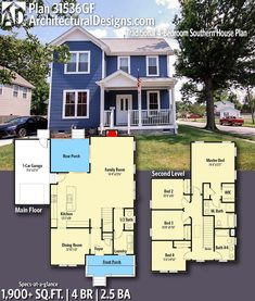 two story house with blue siding and white trim on the front, second floor and third story