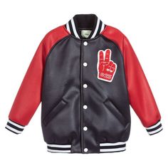 Fendi Boys Black and Red Varsity Jacket Black And Red Varsity Jacket, Red Varsity Jacket, Varsity Letterman Jackets, Fendi Kids, Logo T Shirts, Racer Jacket, Dolce And Gabbana Kids, Aviator Jackets, Kids Coats