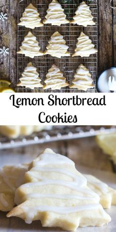 lemon shortbread cookies on a cooling rack and in the background is an old wooden board