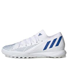 the adidas soccer shoe is white with blue stripes on the upper and bottom part