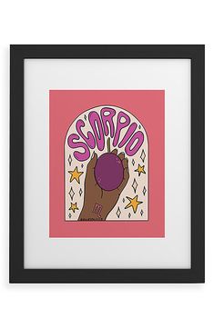 a pink poster with the word surprise on it and a hand holding an object in front of