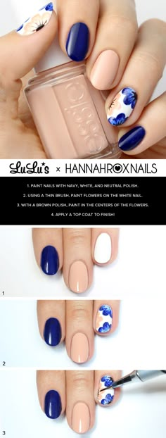 Mani Monday: Nude and Navy Blue Floral Nail Tutorial at LuLus.com! Floral Nails Tutorial, Color Block Nails, Cute Nail Art Designs, Spring Nail Art, Cute Nail Art, Floral Nails, Nail Art Tutorial, Manicure E Pedicure, Nail Tutorials