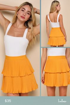 Celebrate the spring season with a cute new look like the Lulus Perfect Delight Light Orange Pleated Tiered Mini Skirt! Lightweight, cotton-blend pleated woven fabric shapes this totally adorable skirt that features a high, banded waist and a tiered, A-line silhouette that finishes at a flirty mini hem. Hidden side zipper/clasp. Fit: This garment fits true to size. Length: Mid-thigh. Size medium measures 16" from waist to hem. Waist: Fitted - very fitted at natural waist. Hip: Loosely Fitted. Fa Spring Cotton Ruffled Tennis Skirt, Summer Cotton Tiered Tennis Skirt, Spring Cotton Pleated Skort, Summer Cotton Tennis Skirt With Pleated Hem, Trendy Tiered Pleated Skirt For Summer, Summer Cotton Pleated Tennis Skirt, Cotton Mini Skirt For Summer Brunch, Trendy Summer Pleated Lined Skirt, Summer Cotton Skort With Pleated Hem