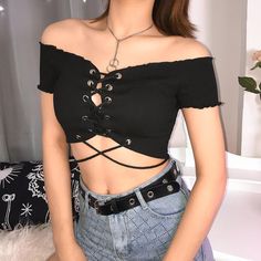 hollow out cross bandage off shoulder tees Crop Top Tshirts, Shoulder Outfit, Emo Phase, Houndstooth Leggings, Bandage Crop Top, Hip Hop Sweatshirts, Short Sleeve Crop Top, Ladies Short, Trendy Clothes